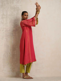 trueBrowns - Hot Pink Tissue Flared Kurta Set (Set of 2)