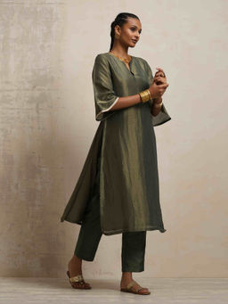 trueBrowns - Green Tissue HighSlit Kurta Set