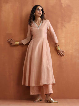 trueBrowns - Blush Pink Tissue Flared Anarkali Kurta Set (Set of 2)