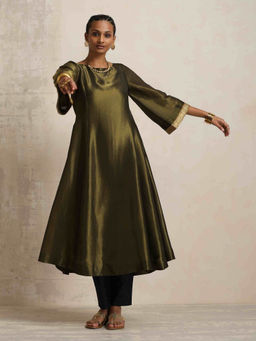 trueBrowns - Olive Green Tissue Flared Anarkali Kurta Set
