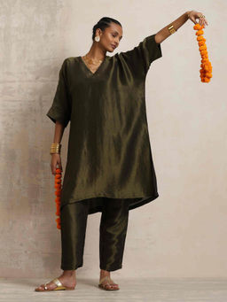 trueBrowns - Olive Green Tissue Kurta Co-ord Set