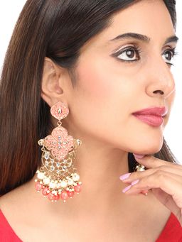 Yellow Chimes - Ethnic Gold-Toned Peach Meenakari Handcrafted Long Dangler Earrings