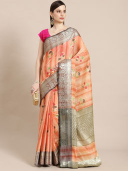 Banarasi Silk Works - Matka Woven Saree Peach with Unstitched Blouse