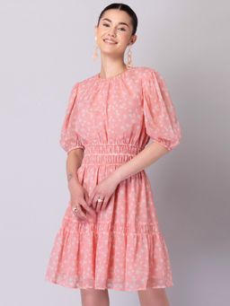 FabAlley - Peach Floral Puff Sleeve Elasticated Waist Dress