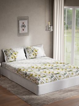 Ddecor Live Beautiful - Cotton Floral Double Bedsheet With 2 Pillow Covers, 144 TC - Yellow