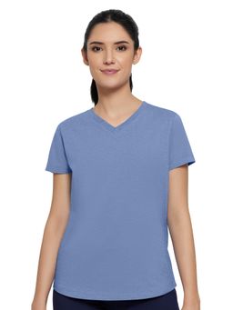 Amante - Essential Solid V-Neck Short Sleeve T-Shirt-Blue