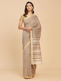 Fabindia - Beige Cotton Silk Hand Block Printed Saree Without Blouse