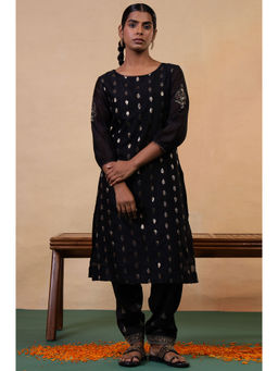 Folksong - Jet Black Ethnic Motif Metallic Woven Cotton Silk Kurta for Women