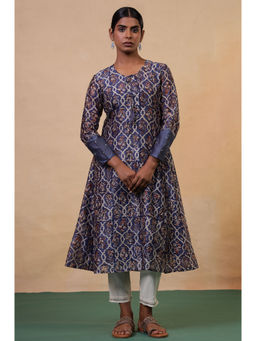 Folksong - Classic Blue Cotton-Silk Flared Floral Beaded Anarkali Kurta for Women