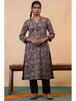 Folksong - Black Iron Floral Mirror Work A-Line Cotton Kurta for Women