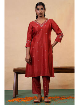 Folksong - Red Gotta Patti Cotton Silk Blend A-Line Kurta for Women