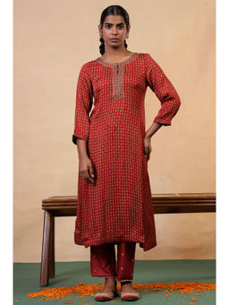 Folksong - Rust Orange Viscose A-Line Ethnic Motif Ajrakh Print Kurta for Women