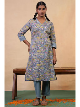 Folksong - Opal Blue Cotton Straight-Fit Floral Hand Block Printed Kurta for Women