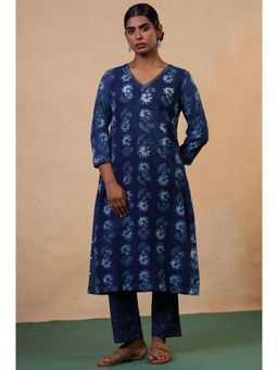 Folksong - Indigo Blue Floral Mirror Work Hand Block Printed Cotton Kurta for Women