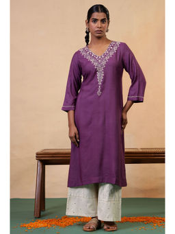 Folksong - Prune Chikankari Embroidered Viscose A-Line Regular Kurta for Women