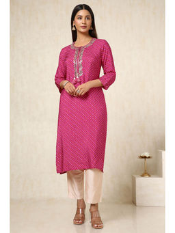 Soch - Womens Pink Viscose Muslin Bandhani Print Kurta with Gotta Patti