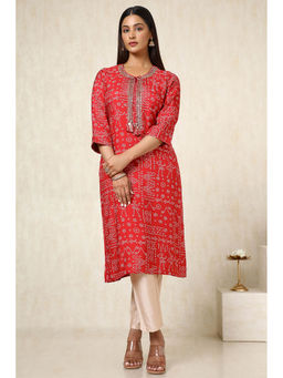 Soch - Womens Red Viscose Muslin Bandhani Print Kurta with Beads and Stones