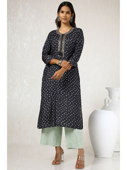 Soch - Womens Black Viscose Muslin Bandhani Print Kurta with Beads and Stones