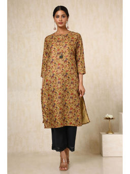 Soch - Womens Mustard Linen Blend Floral Print Kurta with Tassels