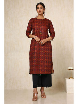 Soch - Womens Maroon Linen Blend Ikat Print Kurta with Tassels