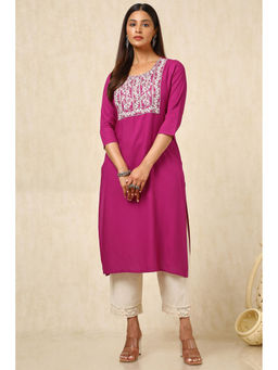 Soch - Womens Magenta Rayon Embroidered Kurta with Thread Work