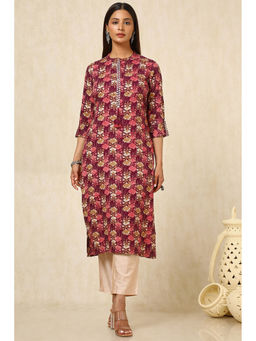 Soch - Womens Wine Rayon Floral Print Kurta with Faux Mirror