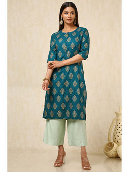 Soch - Womens Teal Rayon Foil Print Kurta