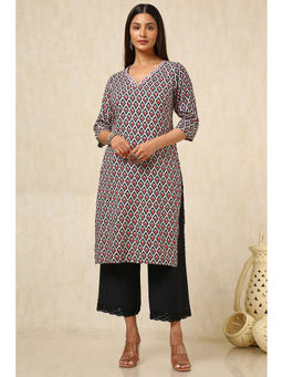 Soch - Womens Navy Blue Rayon Print Kurta with Thread Work
