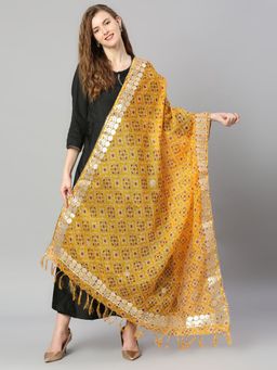 Dupatta Bazaar - Womens Ikat Yellow Printed Kota Cotton Dupatta with Gotta Patti