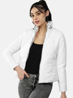Freehand - White Slim Fit Solid High Neck Full Sleeves Winter Jacket