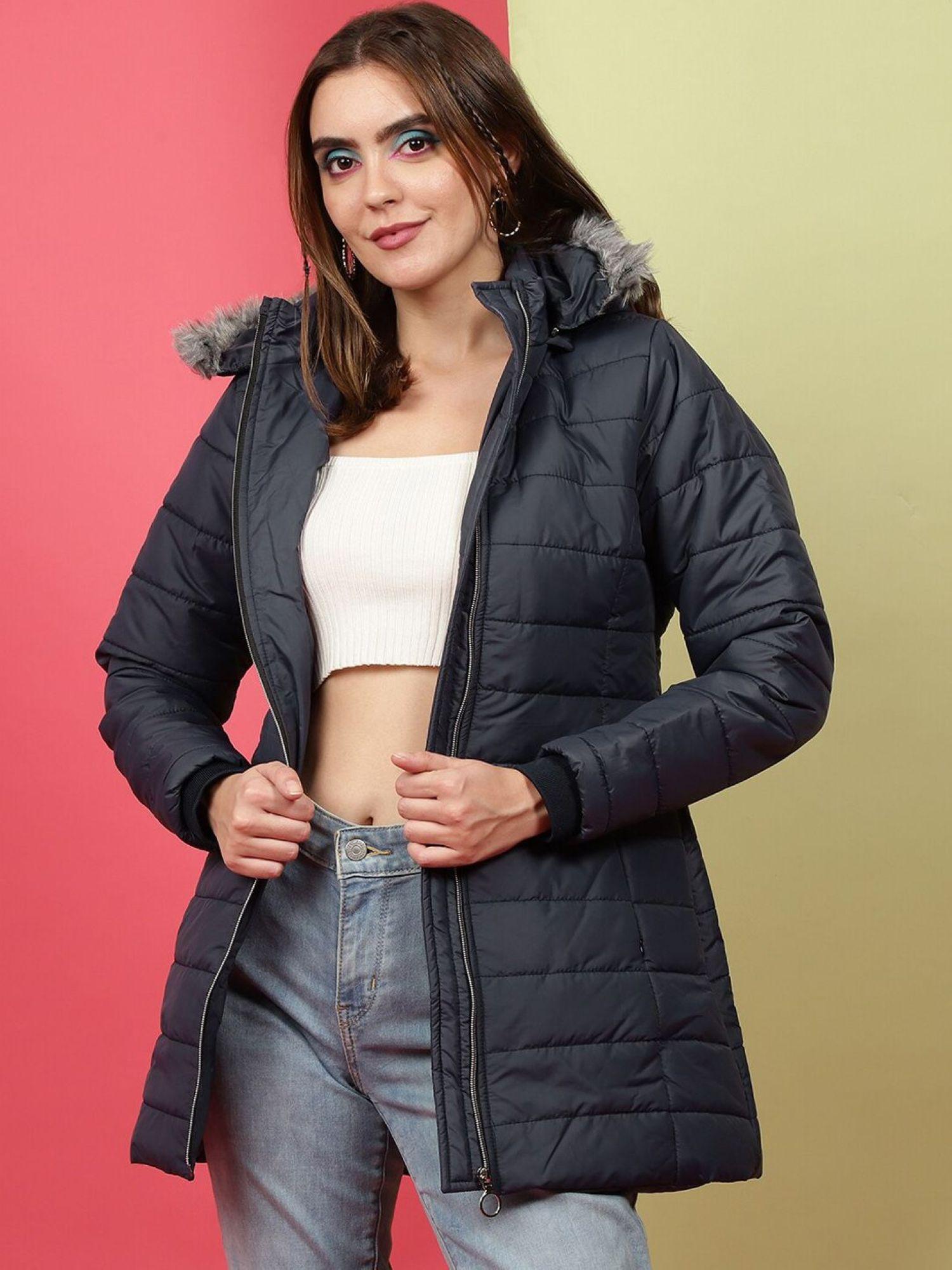 freehand Navy Blue Slim Fit Solid High Neck Full Sleeves Winter Jacket-picture-15