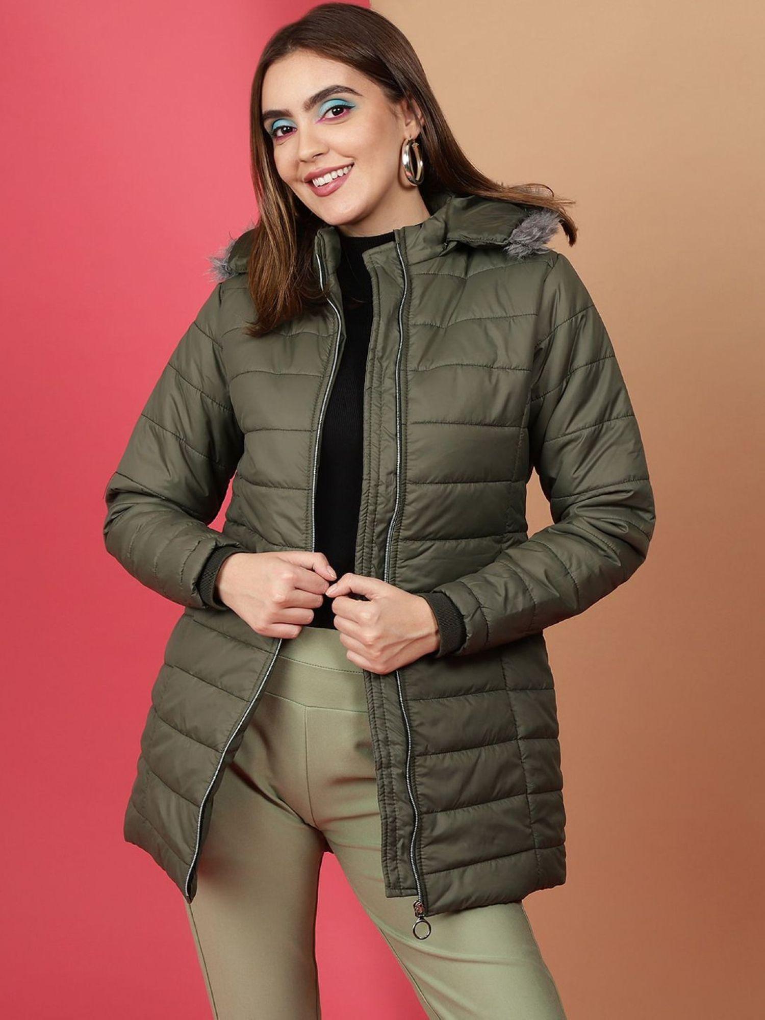 freehand Olive Slim Fit Solid Hooded Full Sleeves Winter Jacket-picture-12