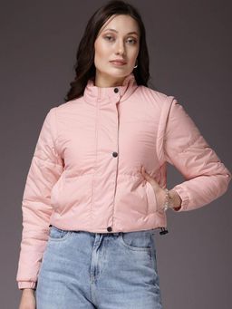 Freehand - Pink Regular Fit Solid High Neck Full Detachable Sleeves Winter Jacket