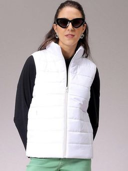 Freehand - White Regular Fit Solid High Neck Sleeveless Quilted Jacket