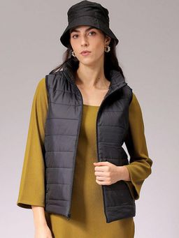 Freehand - Black Regular Fit Solid High Neck Sleeveless Quilted Jacket