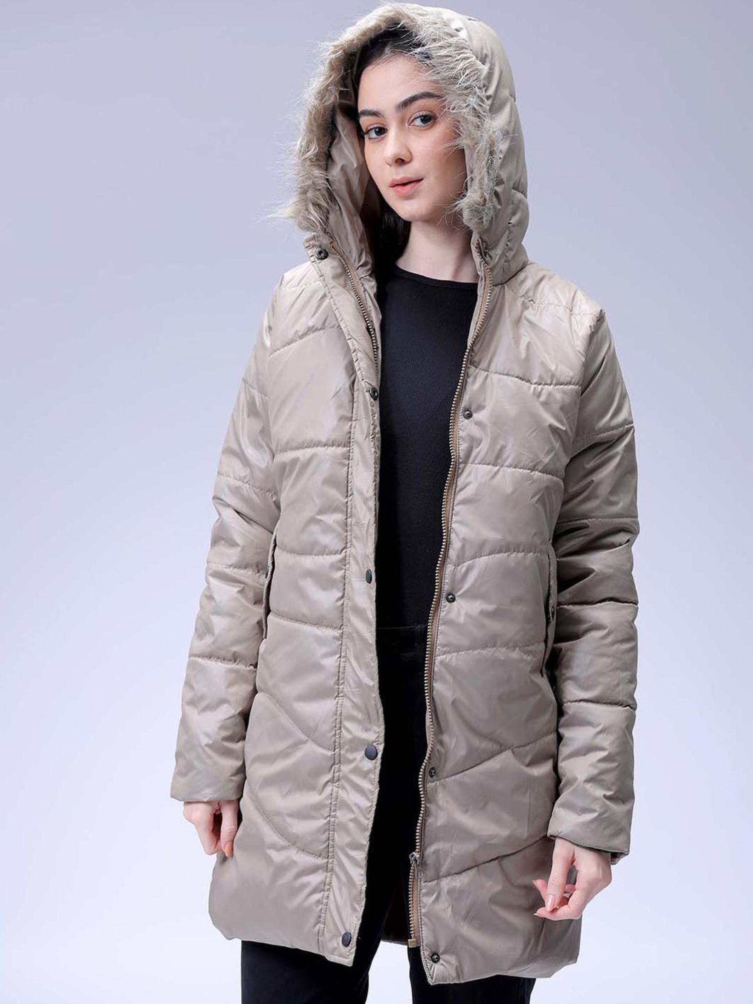 freehand Beige Relaxed Fit Solid Hooded Full Sleeves Quilted Jacket-picture-34
