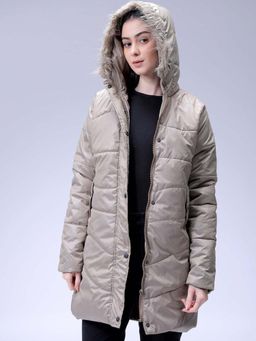 Freehand - Beige Relaxed Fit Solid Hooded Full Sleeves Quilted Jacket