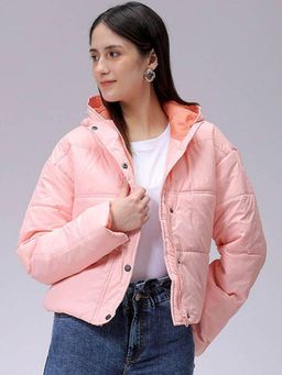 Freehand - Pink Relaxed Fit Solid Hooded Full Sleeves Quilted Jacket