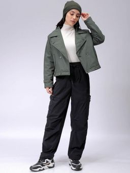 Freehand - Olive Straight Fit Solid Notched Lapel Neck Full Sleeves Trench Coat