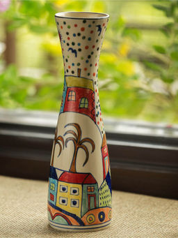 ExclusiveLane - 'The Hut Long-Neck' Hand-Painted Ceramic Vase (12 Inch)