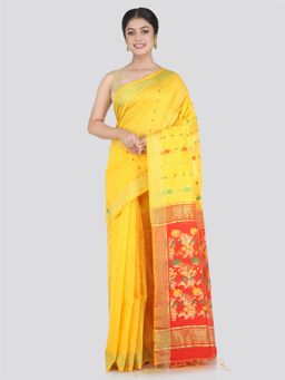 PinkLoom - Women's Cotton Blend Saree with Unstitched Blouse Piece, Yellow