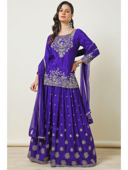 Soch - Womens Purple Chinon Embroidered Sequins Kurta Skirt with Dupatta (Set of 3)
