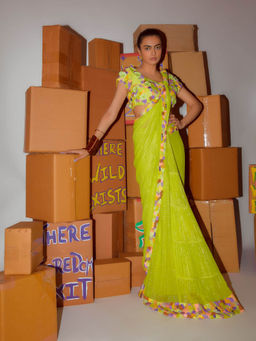 Nirmooha - Neon Blouse & Pre Draped Saree Cording Detailing with Stitched Blouse (Set of 2)