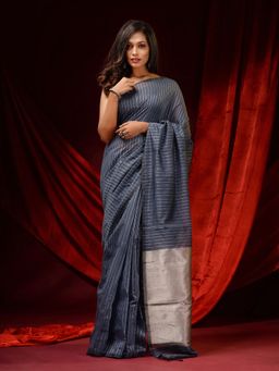 CHARUKRITI - Aegean Blue Cotton Silk Handwoven Zari Stripes & Zari Pallu Saree with Unstitched Blouse