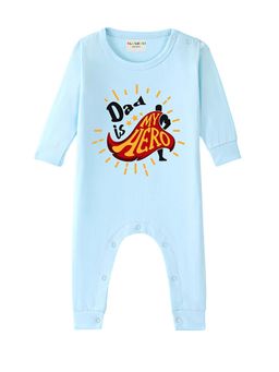 BLUSHES - 100% Cotton Knit Full Sleeve Dad Is My Hero Printed Romper - Aqua Blue