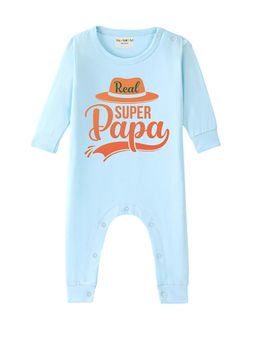 BLUSHES - 100% Cotton Knit Full Sleeve Super Papa Printed Romper - Aqua Blue