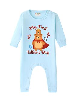 BLUSHES - 100% Cotton Knit Full Sleeve My First Father's Day Printed Romper - Aqua Blue