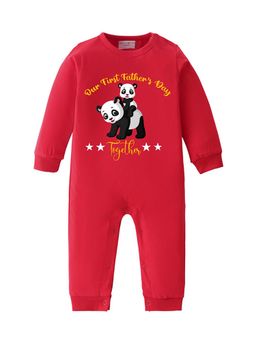 BLUSHES - 100% Cotton Knit Full Sleeve Our First Father's Day Printed Romper - Red