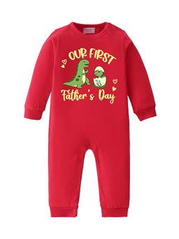 BLUSHES - 100% Cotton Knit Full Sleeve Our First Father's Day Printed Romper - Red