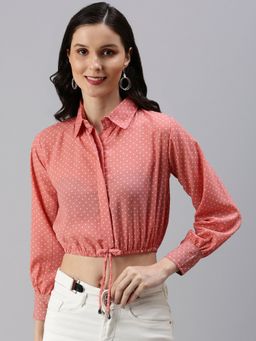 SHOWOFF - Women's Polka Dots Cinched Waist Peach Shirt Collar Crop Top